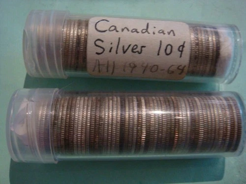 Below Melt, 100 Silver Canadian Dimes  - avg circulation, all 80% silver