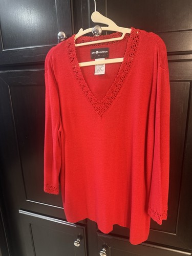 Sag Harbor True Red 3X Crochet Trim V Neck 3/4 Sleeve Knit Sweater Top - Picture 4 of 7