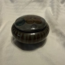 Mexican Folk Art Trinket Box Tonala Glazed Pottery Round w/ Lid 3.5"D Gray/Blue