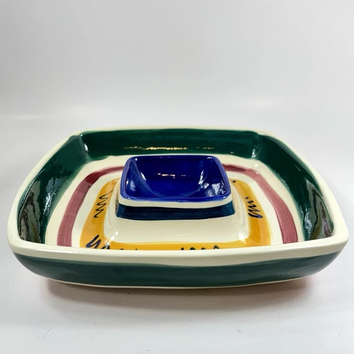 Chip Dip Serving Bowl Signed GAIL PITTMAN 10.5” Zig Zag Blue Green Yellow Design