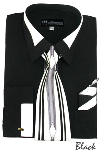 Men's French Cuff Dress Shirt with Tie And Handkerchief 7 Colors Size 15~20 SG34 - Picture 3 of 10