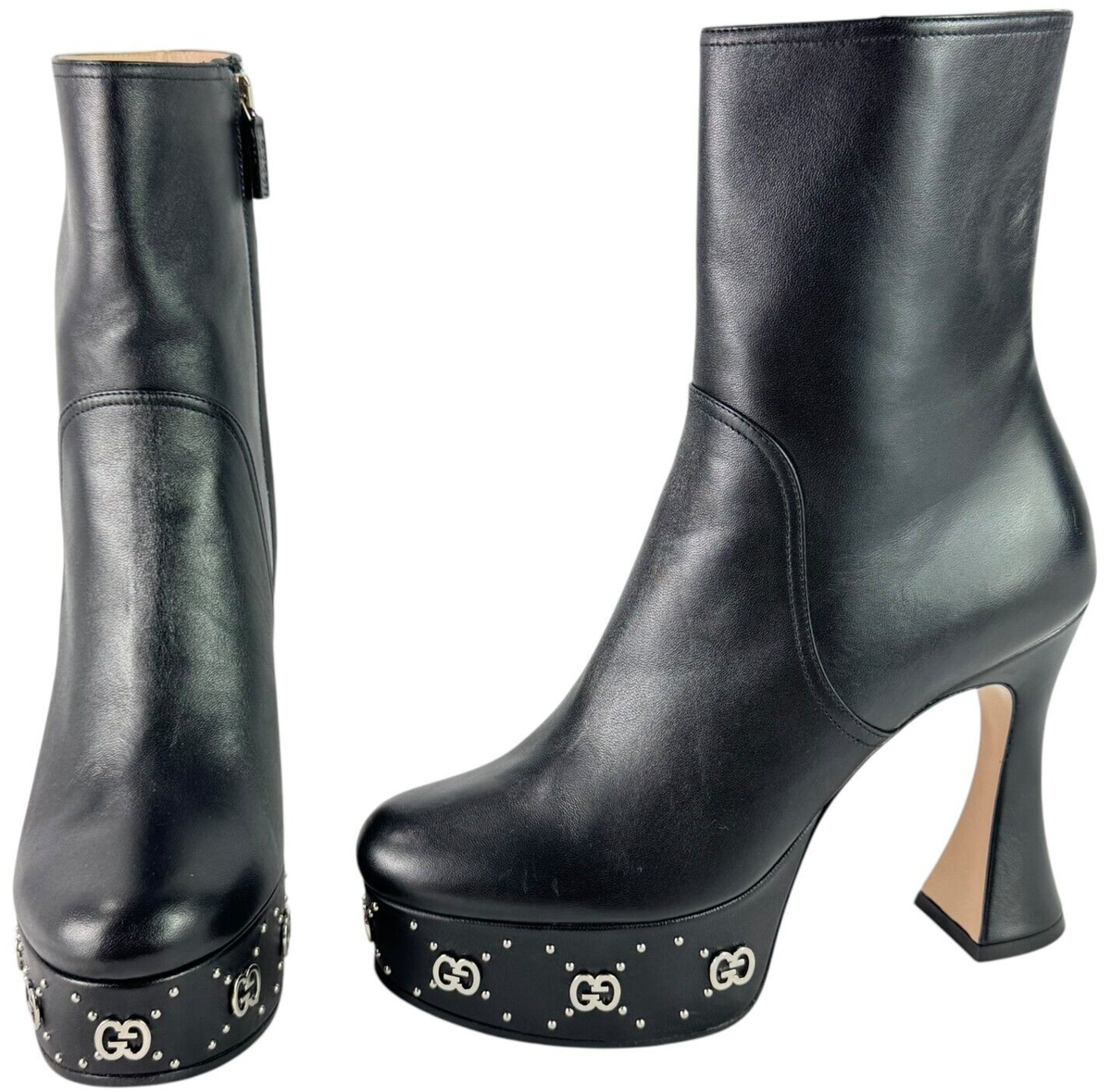 GUCCI Janaya Black Leather Interlocking GG Studded Platform Boots