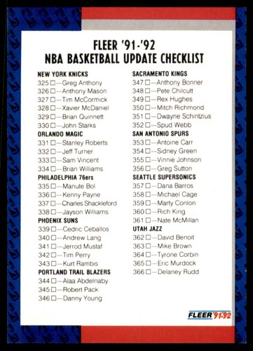 1991-92 Fleer NBA Basketball Checklist #400 - Photo 1 sur 2