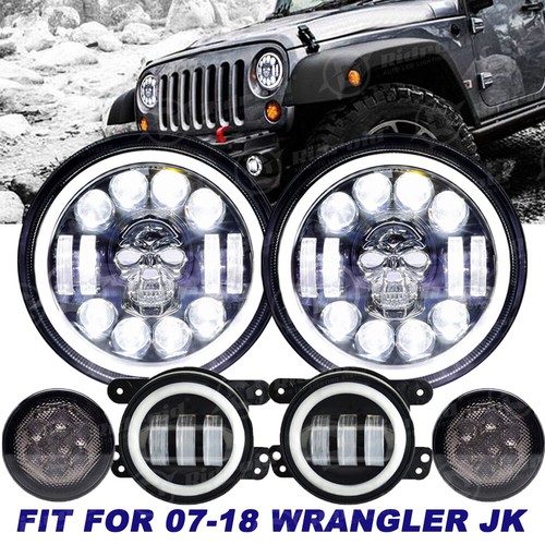 Halo RGB 7" LED Headlights + Fog Turn Light Combo for Jeep Wrangler JK 2007-2017 - Picture 1 of 24