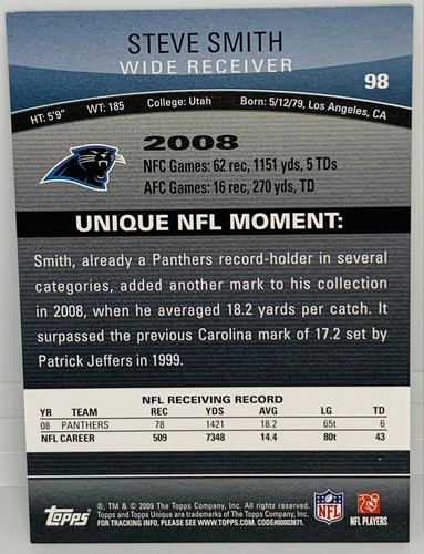 2009 Topps Unique Steve Smith Sr GOLD Parallel /25 Carolina Panthers Ravens RARE - Picture 2 of 2