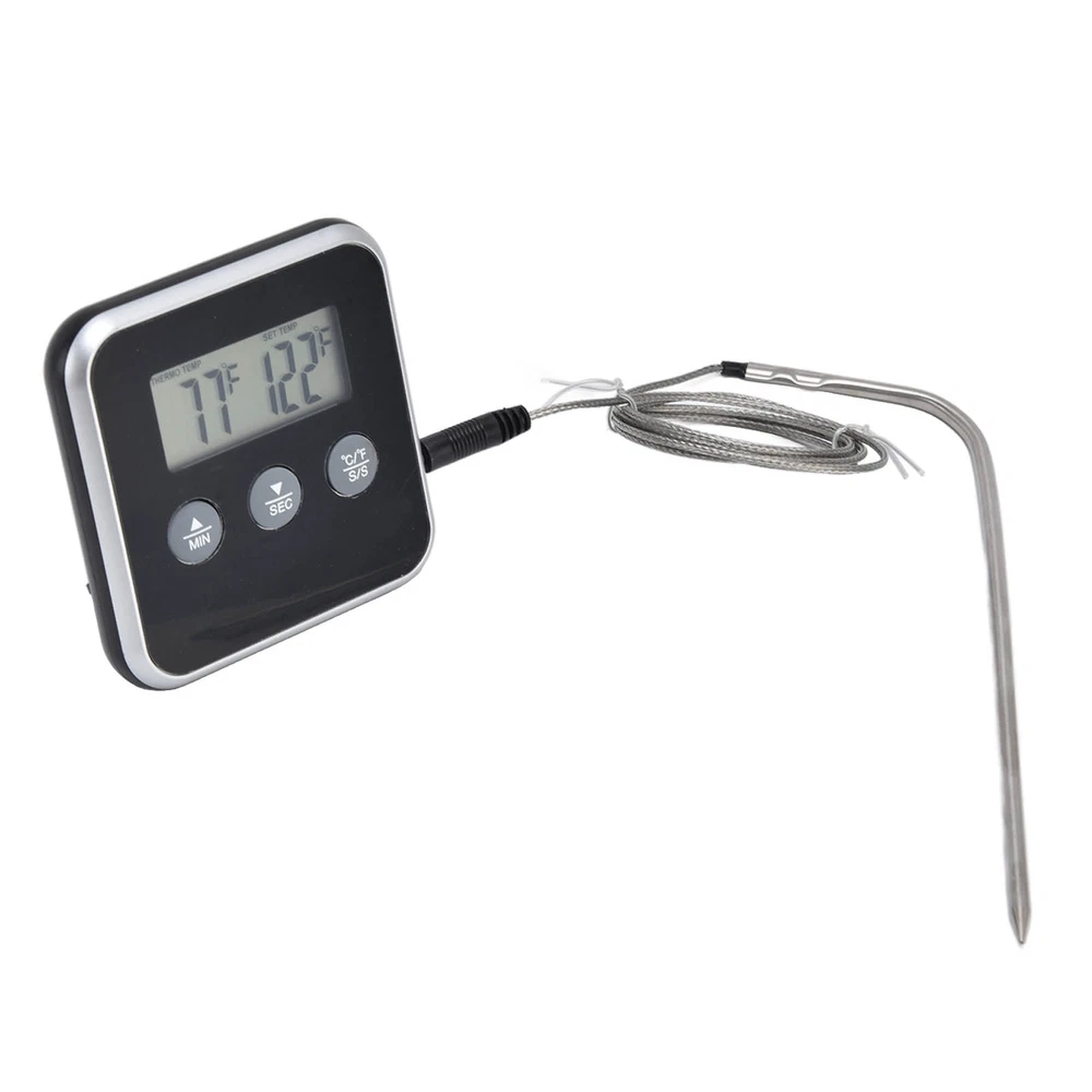 (Black)Meat Thermometer Smart 3 Buttons Digital LED Display Multifunctional O