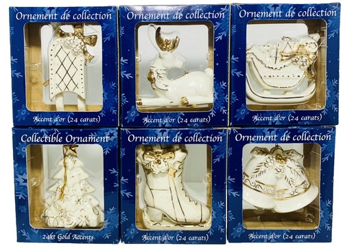 24k GOLD Holiday Ornament SET of 6 Reindeer Christmas Tree Bells Sled Stocking - Picture 3 of 4