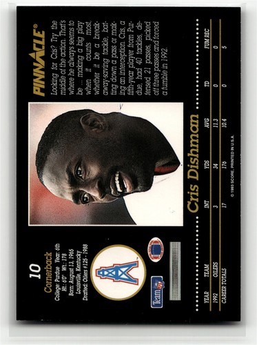 1993 Pinnacle #10 Cris Dishman (EX)(FTB) - Picture 2 of 2