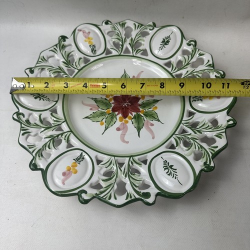Plato de servir colgante de cerámica pintado a mano Portugal vintage floral firmado - Imagen 3 de 5