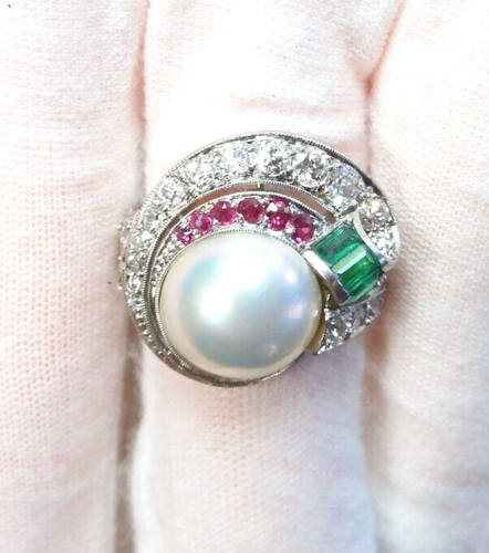 Antique Mobe Pearl Diamond Ruby Emerald Engagement Platinum Ring Size 5 UK-J1/2 - Picture 2 of 13