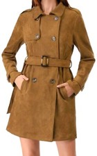 Manteau trench femme 100 % cuir véritable daim marron mi-longueur veste d'ext...