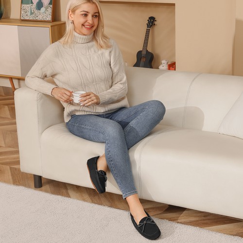 Damen Mokassin Loafer Schuhe Wildleder Kunstfell gefüttert flauschig Slipper Hausschuhe - Bild 6 von 26