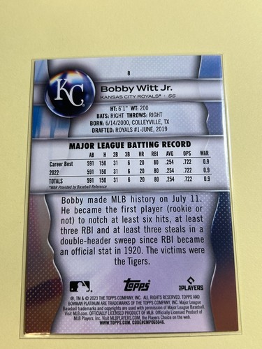 2023 BOWMAN PLATINUM Bobby Witt Jr. #8 Baseball ROYALS - Picture 2 of 2