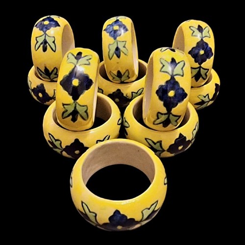 Pier 1 Ceramic Floral Napkin Ring Holders Blue Green Yellow India Set of 11 - Picture 4 of 17