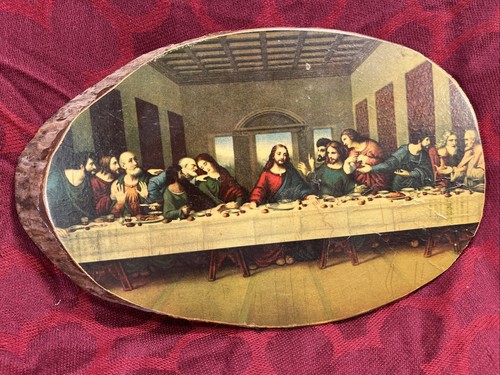 Vintage "The Last Supper" Painting on Cedar Wood Wall Plaque 10.5x6.5” -- 7545 - Picture 2 of 6