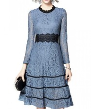 SUMMER SALE Lace Dress Blue Hollow Out Lace Swing Midi Dress Size S