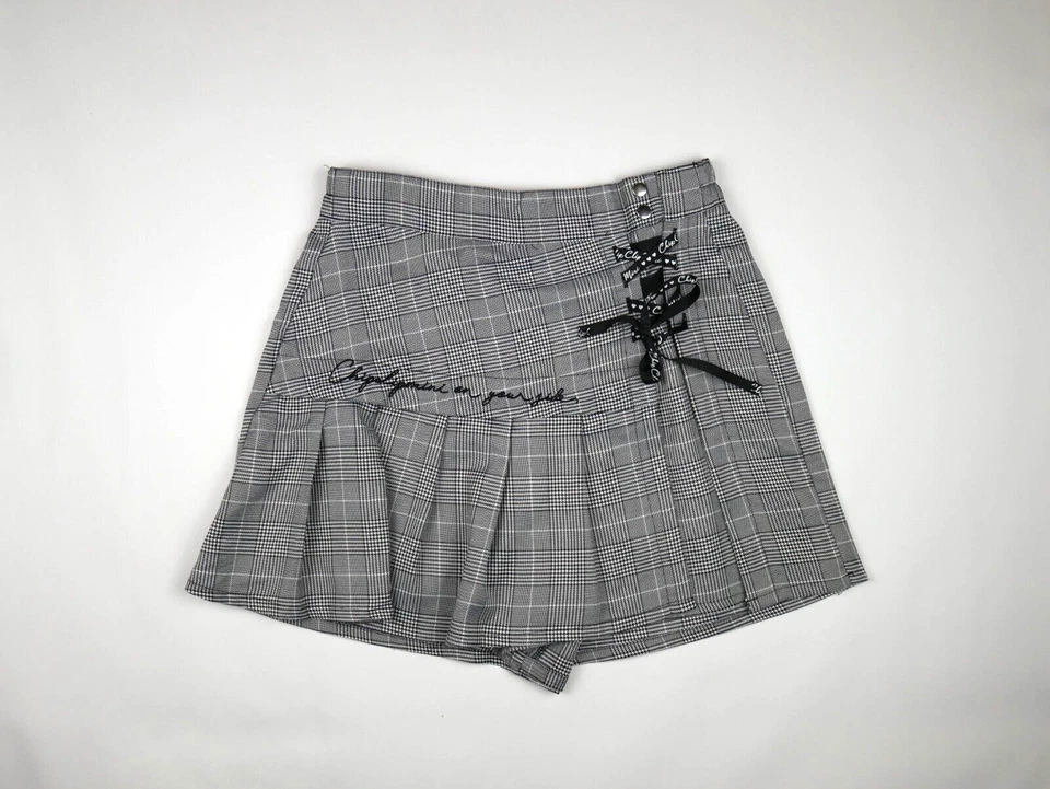 japanese black white tartan check corset bow shorts skort y2k mini skirt 8 xs - Image 3 of 4