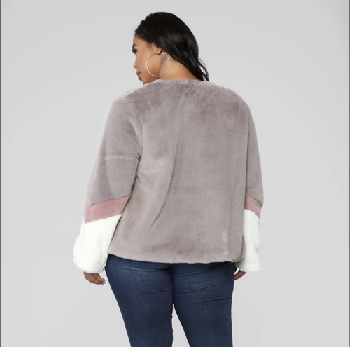 Abrigo de piel sintética Colorblock para mujer 2X abierto manga ancha rosa gris - Imagen 2 de 7