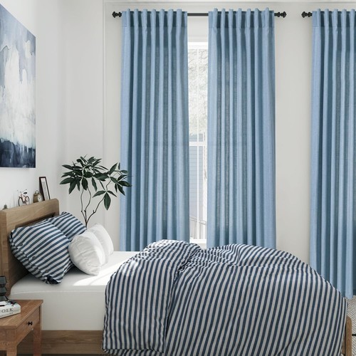 Light Filtering Blue Linen Curtains 84" - Stylish Back Tab Drapery for All Rooms - Picture 4 of 9