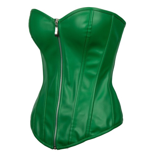 Green Zip Corset - Lace-Up Overbust Poison Ivy Cosplay Valentines Goth Lingerie - Picture 14 of 15