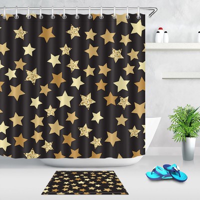 Black And Gold Shower Curtain Set Stars Pattern 180cm Bathroom