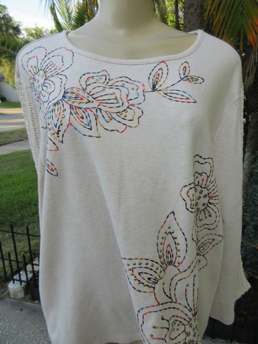 Alfred Dunner Woman 2X Top Beige Embroidered Floral Pullover - Picture 2 of 8
