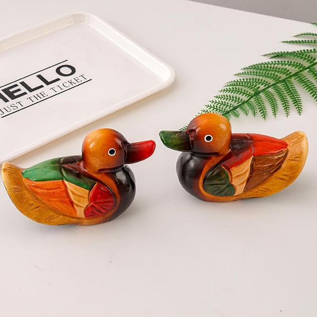 PAIR FENGSHUI COUPLE WOODEN MANDARIN DUCKS ORNAMENT FIGURINE