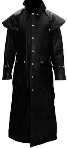 Real Black Leather Mens Long Coat Trench Matrix Duster Riding Hunting Steampunk  - Picture 1 of 6