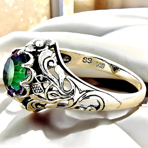 ANTIQUE STYLE SCOTTISH THISTLE RAINBOW MYSTIC QUARTZ 925 SOLID SILVER RING #768 - Picture 2 of 3