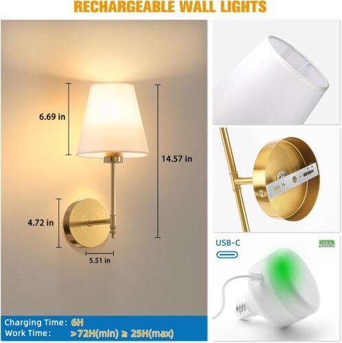 NIORSUN 14.5-in 2-pc Gold Battery Operated Wall Sconce, 5200mAh Dimmable 9 Color - Picture 6 of 9