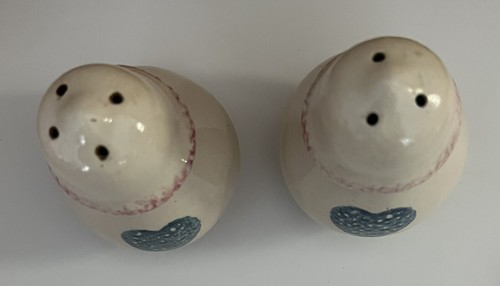 Vintage Stoneware Salt & Pepper Shakers w Blue Heart Design • Farmhouse Decor - Picture 2 of 5
