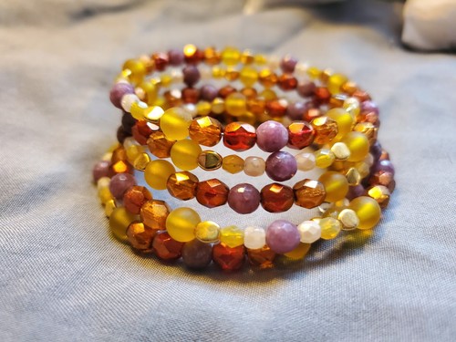 Memory Wire Beaded Bracelet Glass Beads Lepdiolite Gemstone Healing Sunset...