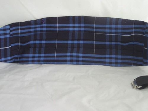 TARTAN Navy Blue-Mens Polyester Cummerbund and FREE Matching Pocket Hankie - Picture 3 of 10