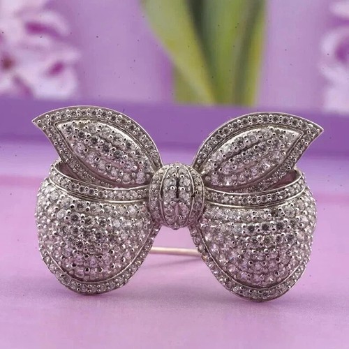3.00Ct Round Cut Real Moissanite Knot Bow Charm Brooch Pin 14K White Gold Plated - Picture 2 of 7