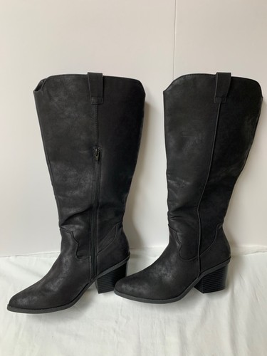 Boots Knee High Black Faux Leather Zippered Size 10 Pointed Toe 2 Inch Heel - Picture 5 of 10