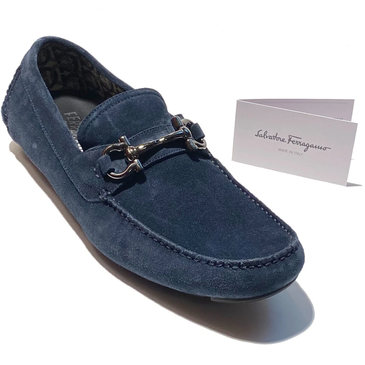 Ferragamo Gancini Blue Suede Parigi Leather Men's Dress Slip-on Driver  Loafers