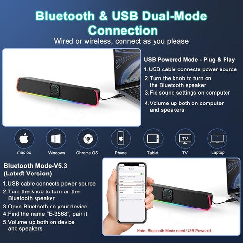 Stereo Bass Sound Computer Speakers 3.5mm USB Wired Soundbar for Desktop Laptop - Picture 3 of 6