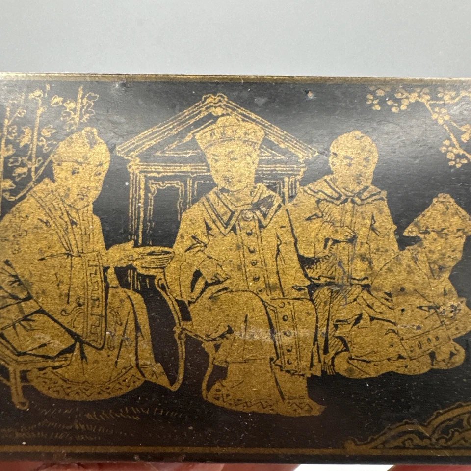 Chinese black lacquered vintage Victorian antique chinoiserie pencil pen box - Image 3 of 4