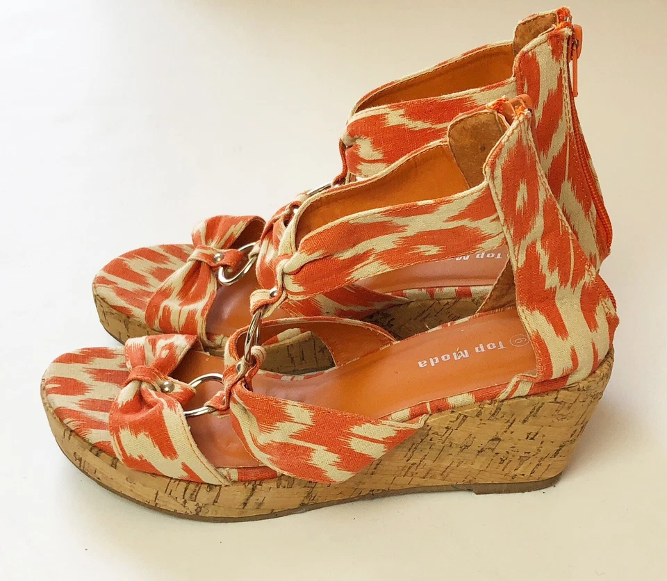 Top Moda Wedge Sandals Sz 6 Orange White Ankle High Zip 2.5" Cork Heel Straps - Image 2 of 4