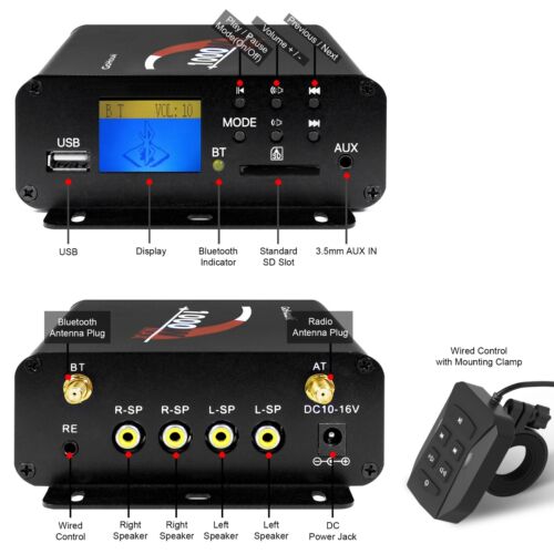 1000W Amp Waterproof Bluetooth Motorcycle ATV Stereo 4-CH Speakers Audio System - Foto 5 di 9
