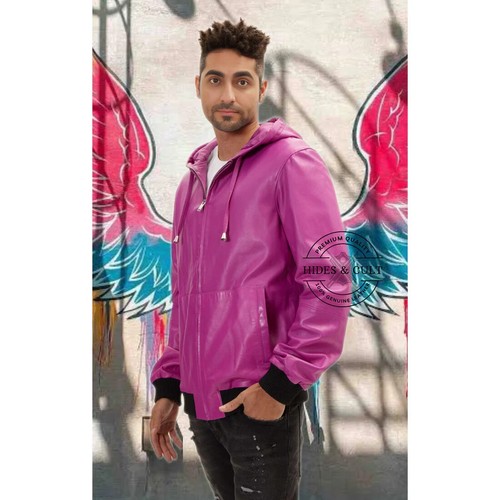 Men's Fuchsia Pink 100% Genuine Leather Hooded Pullover Jacket - Picture 18 of 21