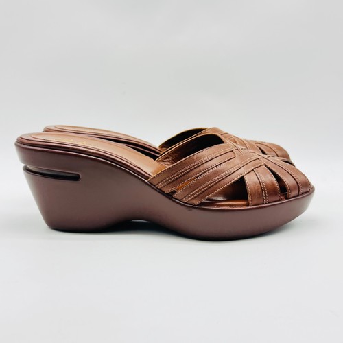 Cole Haan Shoes Womens 8.5 Brown Leather Wedge Sandals Platform Slide Vtg NEW
