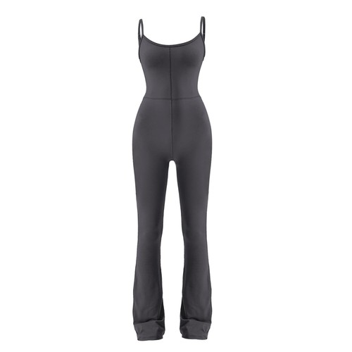 Damen Flare Jumpsuits Spaghettiträger Training sportlich eckiger Ausschnitt Bodys - Bild 11 von 48