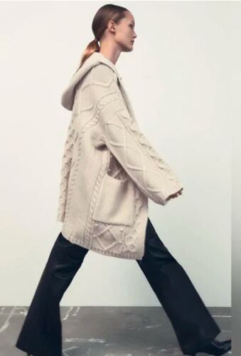 Zara Ivory Hooded Cable-Knit Open Cardigan Coat Size S/M Oversized Rare - Picture 5 of 13