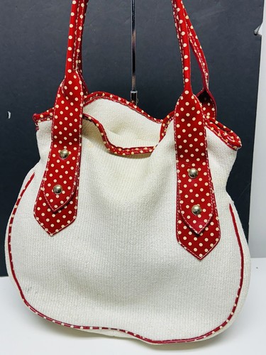Bolso de mujer Roberta Gandolfi de algodón con ribete de cuero marfil y cuero rojo - Imagen 4 de 7