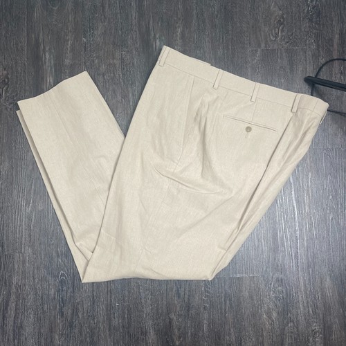Stafford Linen Dress Pants Flat Front Slim Fit Men's Sz 40x29 Tan Beach Wedding - Picture 6 of 6
