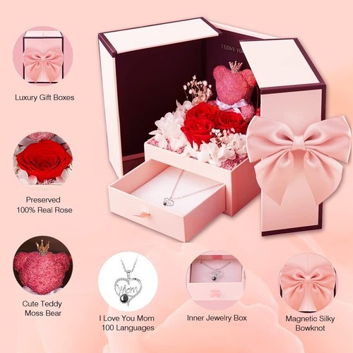 Preserved Flowers Rose Bear Gift Box Gifts for Mom from Daughter Son Stocking... - Picture 3 of 7