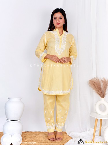 Yellow Organic Cotton Chikankari Kurta Set Lucknow Chikankari Handmade Cord Set - Picture 1 of 6