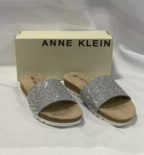 Size 8 Anne Klein AK Gilda Sparkly Silver Slip On Slide Sandals - Picture 2 of 8