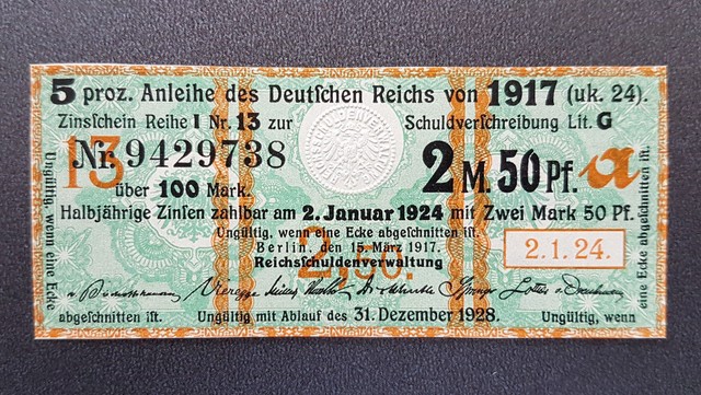 5 % Anleihe Deutschen Reichs 2 5 Mark Berlin 1917 Zinsschein Banknote Grün (8096 5 % Anleihe Deutschen Reichs 2 5 Mark Berlin 1917 Zinsschein Banknote Grün (8096